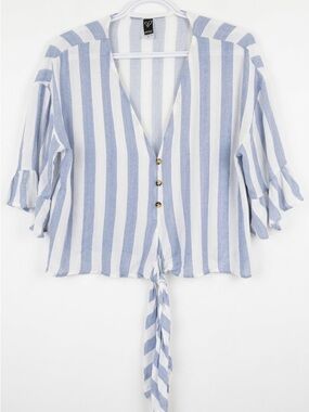 Striped Tie-Front V-Neck Women's Top - Blue & White